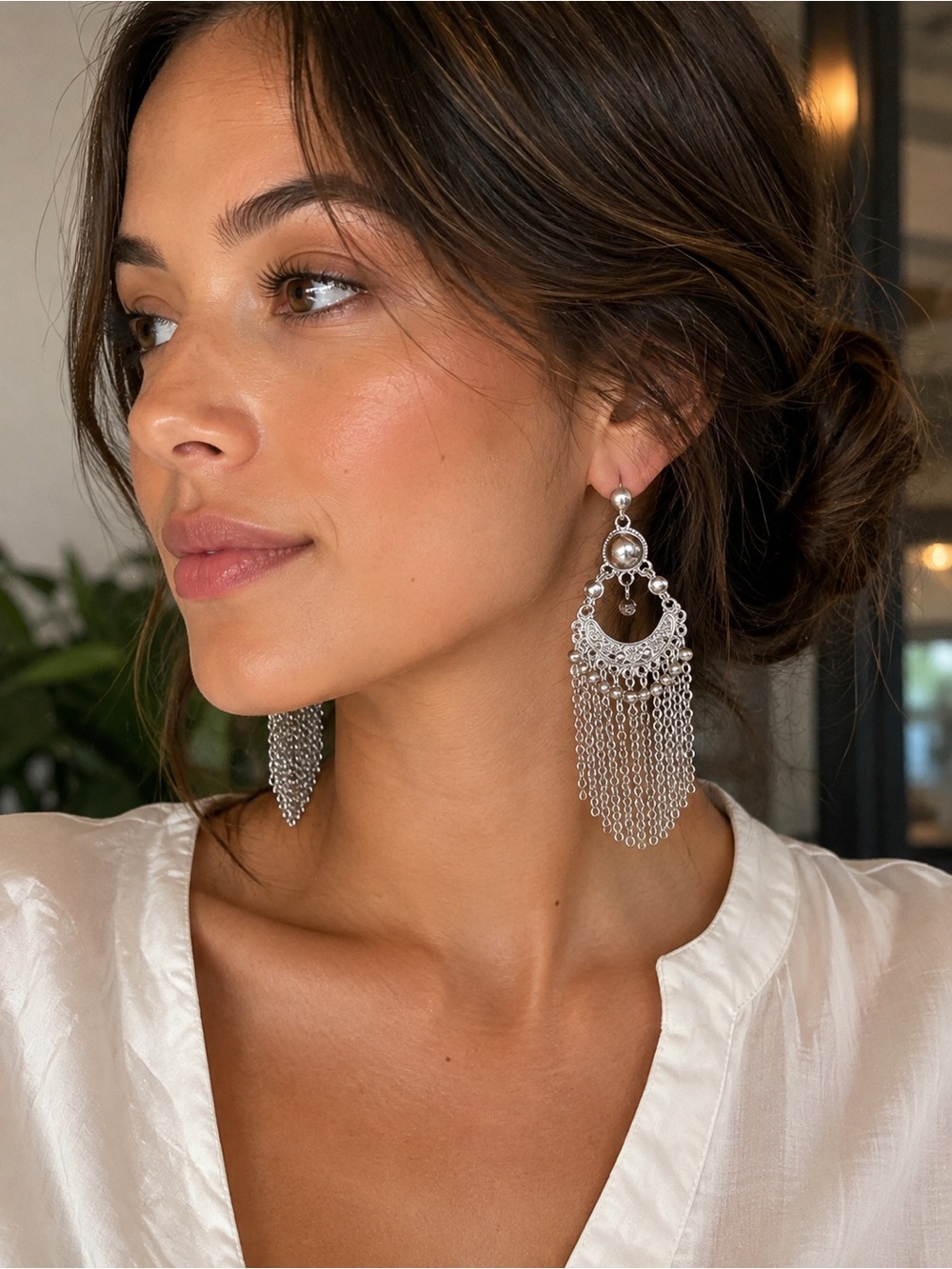 Silver Fringe Tassel Drop Earrings with Hoop Crystal Accents - Women Jewelry